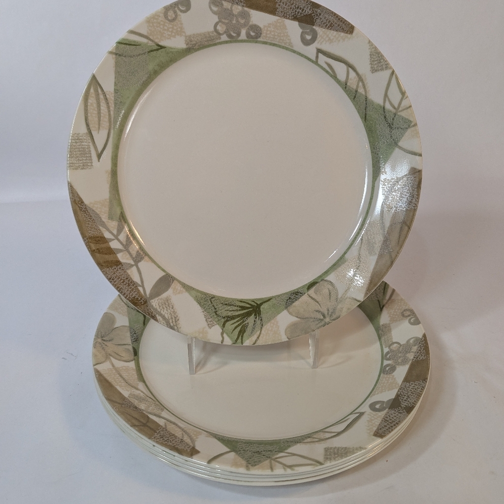 Corelle Textured Leaves Dinner Plates 10 1/4 " Sandstone Beige Green Lot of 5